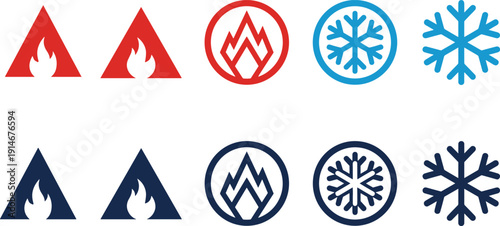 Fire and snowflake hazard warning icons set, flammable material and cold temperature symbols isolated on gray background