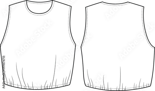 Sleeveless Crew Neck Crop Top Fashion Technical Drawing Flat Sketch Template Relaxed Fit with Elasticated Hem and Seam Details, Isolated Vector.