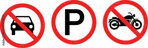No car and no motorcycle sign set with parking symbol, red prohibition traffic icons isolated on light background vector illustration
