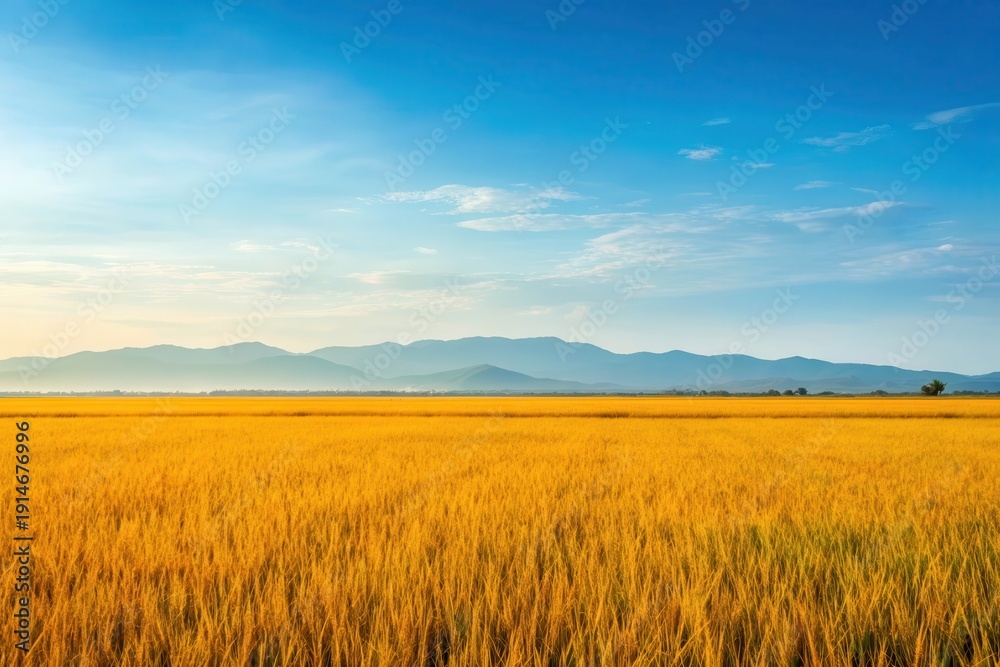 Obraz premium Expansive Golden Rice Field Under a Vast Blue Sky with Distant Mountains
