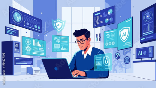 Professional man working with AI technology in modern office space