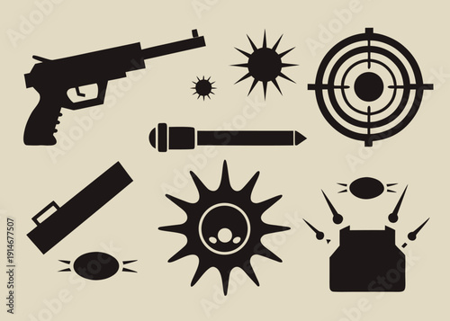 Collection of black silhouette icons featuring a handgun a target and various combat equipment