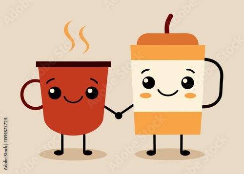 Two happy cartoon coffee characters, a red mug and a cream and orange cup with a straw, hold hands.