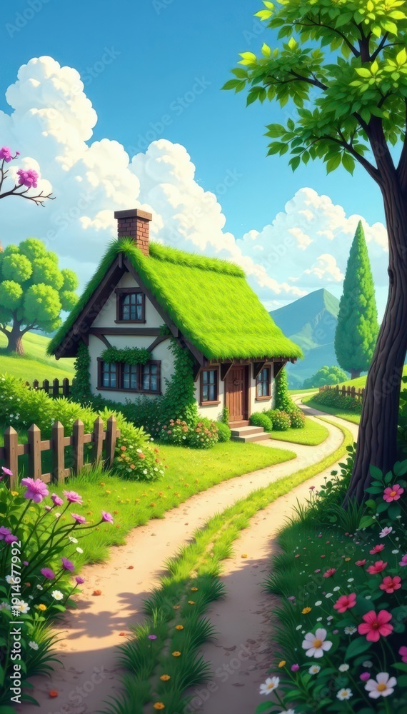 custom made wallpaper toronto digitalGreen roof cottage, dusty road, small village setting, content, photography