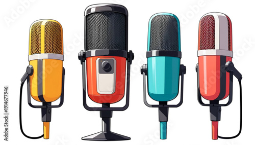 Multicolor six-stage microphones in various colors, flat illustration, minimalist vector style, clean outline, white background.