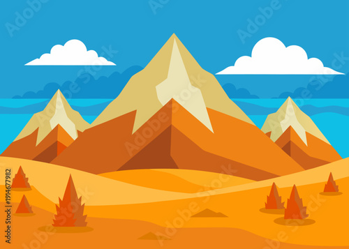 Cartoon desert mountain landscape with tan peaks, orange foothills, blue sky, white clouds, and pointy shrubs.