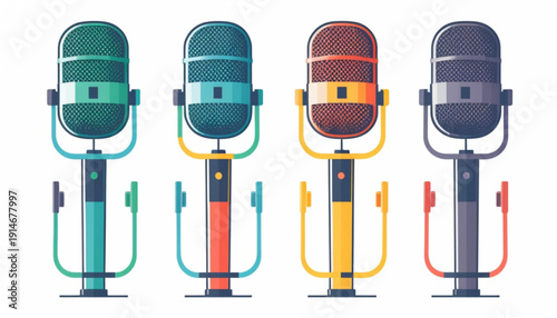 Multicolor six-stage microphones in various colors, flat illustration, minimalist vector style, clean outline, white background.