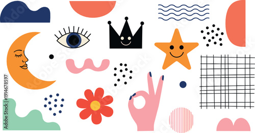 Abstract playful shapes and symbols set with moon, star, crown, eye, and hand gestures illustrated in modern flat vector style