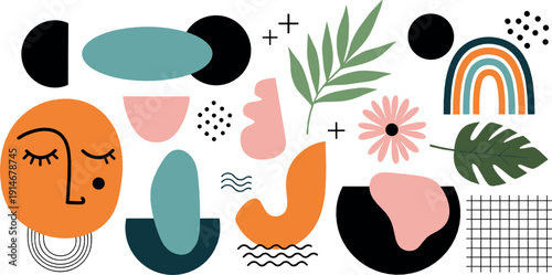 Abstract modern shapes illustration with organic forms face elements leaves and geometric patterns minimalist flat vector design for contemporary art posters and branding projects