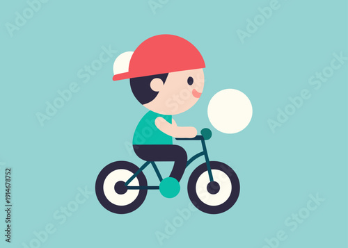 A cool little cartoon boy wearing a red cap rides a bicycle while blowing a white gum bubble against a light blue background.