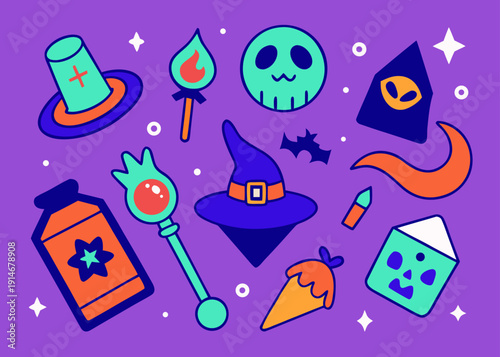 This cool set of magic attributes for Halloween includes a witch hat, skull, broom, candle, potion jar, moon, haunted house, and flame.