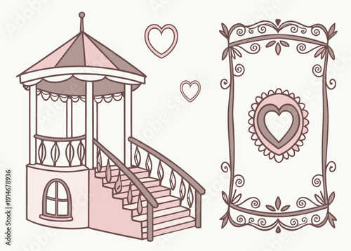Hand-drawn illustration of a whimsical gazebo with stairs and a heart-themed ornate decorative frame.