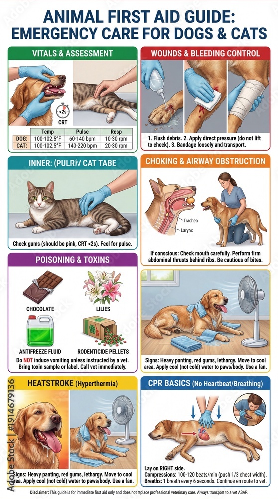 Obraz premium Comprehensive Animal First Aid Guide for Urgent Care of Dogs and Cats in Emergencies