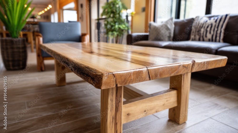 Fototapeta premium Rustic wooden table with sturdy legs and unique edge detailing, placed in a cozy living room interior with warm lighting 