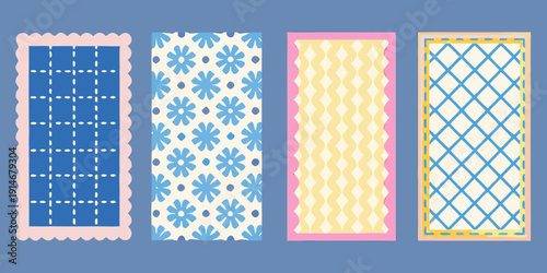 Four colorful quilted fabric swatches with unique geometric patterns