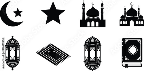 A collection of distinct individual solid black silhouette icons: a crescent moon, a star, a mosque, an ornate lantern, a prayer mat, and a Quran outline, all arranged on a clean white background. Min
