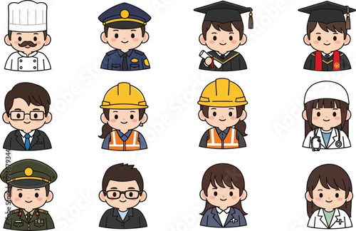 Diverse professions and graduates cartoon portraits