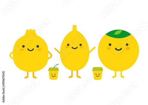Group of adorable cartoon lemon characters in various shapes with small green leaves and tiny juice cups.