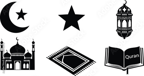 A collection of distinct individual solid black silhouette icons: a crescent moon, a star, a mosque, an ornate lantern, a prayer mat, and a Quran outline, all arranged on a clean white background. Min