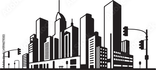 Black and white city skyline with traffic lights and buildings