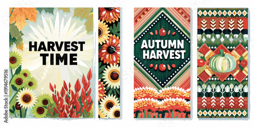 Four vertical banners featuring autumn harvest themes with floral and geometric designs