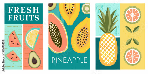 Colorful vertical panels displaying various sliced tropical fruits and text