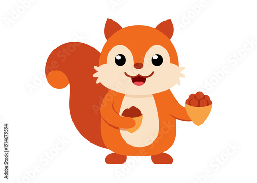 A cute cartoon squirrel character stands smiling and happily holding two small cups filled with natural nuts.