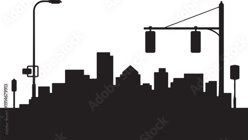 Black and white city skyline with traffic lights and street lamps