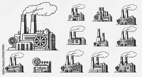 Collection of Industrial Factory Illustrations with Smokestacks.