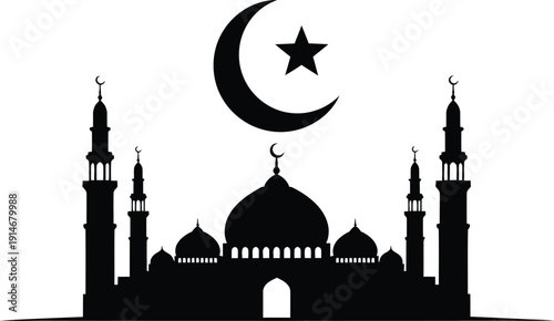 A solid black silhouette of a crescent moon and a five-pointed star, with an elegant mosque featuring minarets and domes placed beneath them, a clean white background. Minimalist design, high contrast