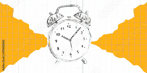 Sketch of an antique alarm clock between abstract yellow shapes