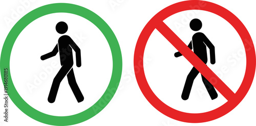 Pedestrian allowed and no pedestrian sign set, walking person symbols in green and red circle isolated on light background vector