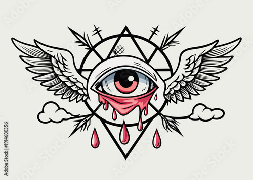 A human eye with angel wings, a star, arrows, and drips sits within a black triangle with clouds.