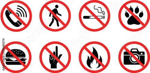 Prohibited signs icon set, no phone walking smoking pets food fire camera and hand gesture symbols isolated on light background vector