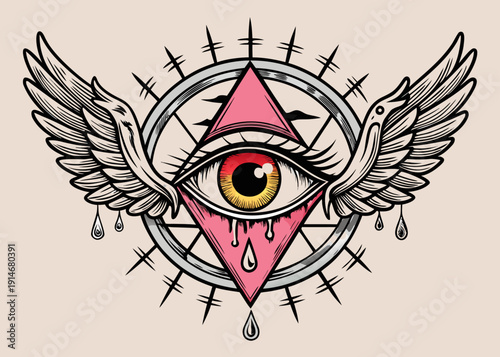 A human eye with angel wings, a pink triangle, and drips sits within a spiked wheel and geometric shapes.