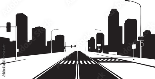 Black and white city street with tall buildings and crosswalk