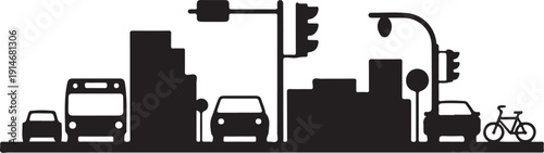 Black and white cityscape with traffic and buildings