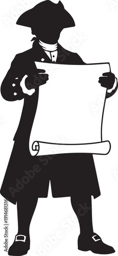 Historical vector silhouette illustration line art of colonial man holding scroll document proclamation