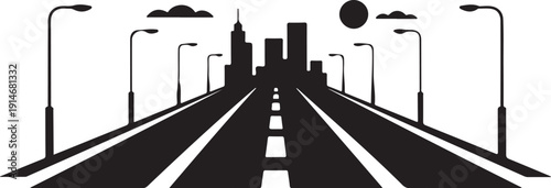 Black and white cityscape with empty road and streetlights