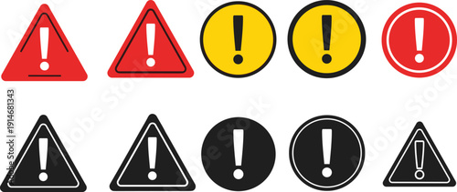 Warning and caution icon collection with exclamation marks, triangle and circle alert symbols in red yellow black isolated vector set