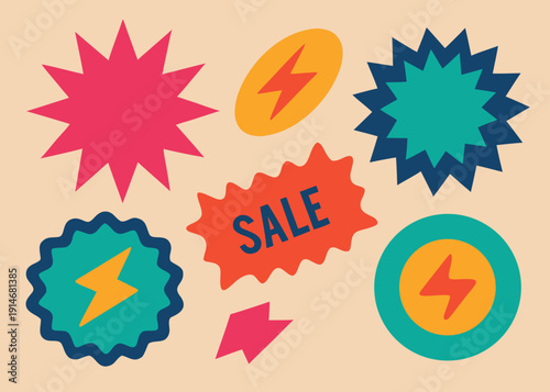 Groovy retro sale label sticker set with funky colorful shapes like stars and lightning bolts.