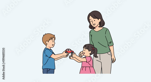 Mother watching children sharing a toy together happily.