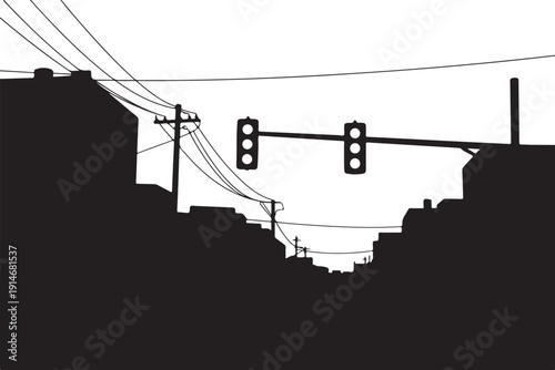 Black and white cityscape with traffic lights and power lines
