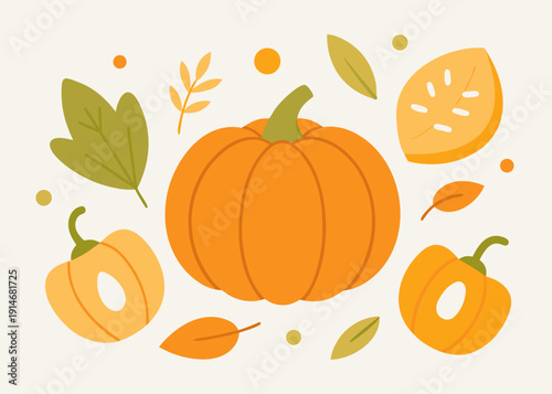 An assortment of hand-drawn flat style orange pumpkins, half-pumpkins with seeds, and autumn leaves scattered on a light background.