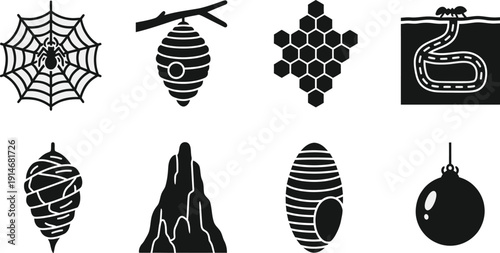Insect Nests and Natural Animal Homes Icon Set, Vector Illustration of Spider Web, Beehive, Honeycomb, Ant Tunnel, Termite Mound, and Cocoon Isolated on White Background