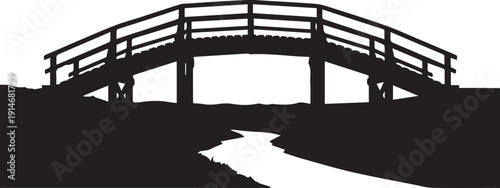Wooden bridge over stream vector silhouette illustration line art