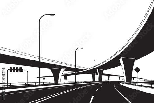 Black and white highway overpass with streetlights and traffic signals