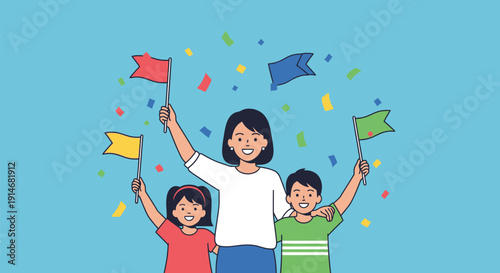 Happy mother with children celebrating together with colorful flags and confetti.