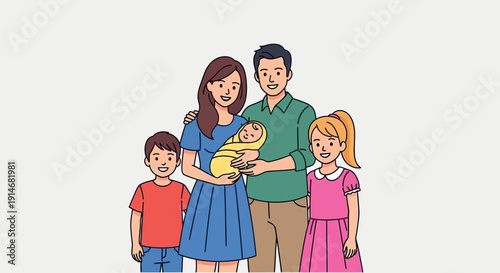 Happy cartoon family with newborn baby and two children.