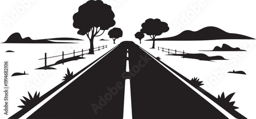Black and white road stretching into the distance with trees and fences